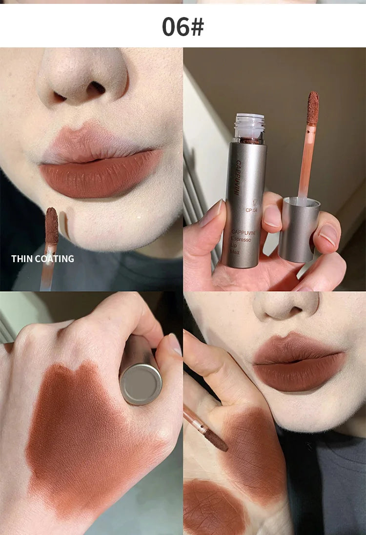 Cappuvini Espresso Matte Lipstick Velvet Lip Glaze Waterproof Long-lasting Texture Smooth Glossy Makeup Setting Lip Color
