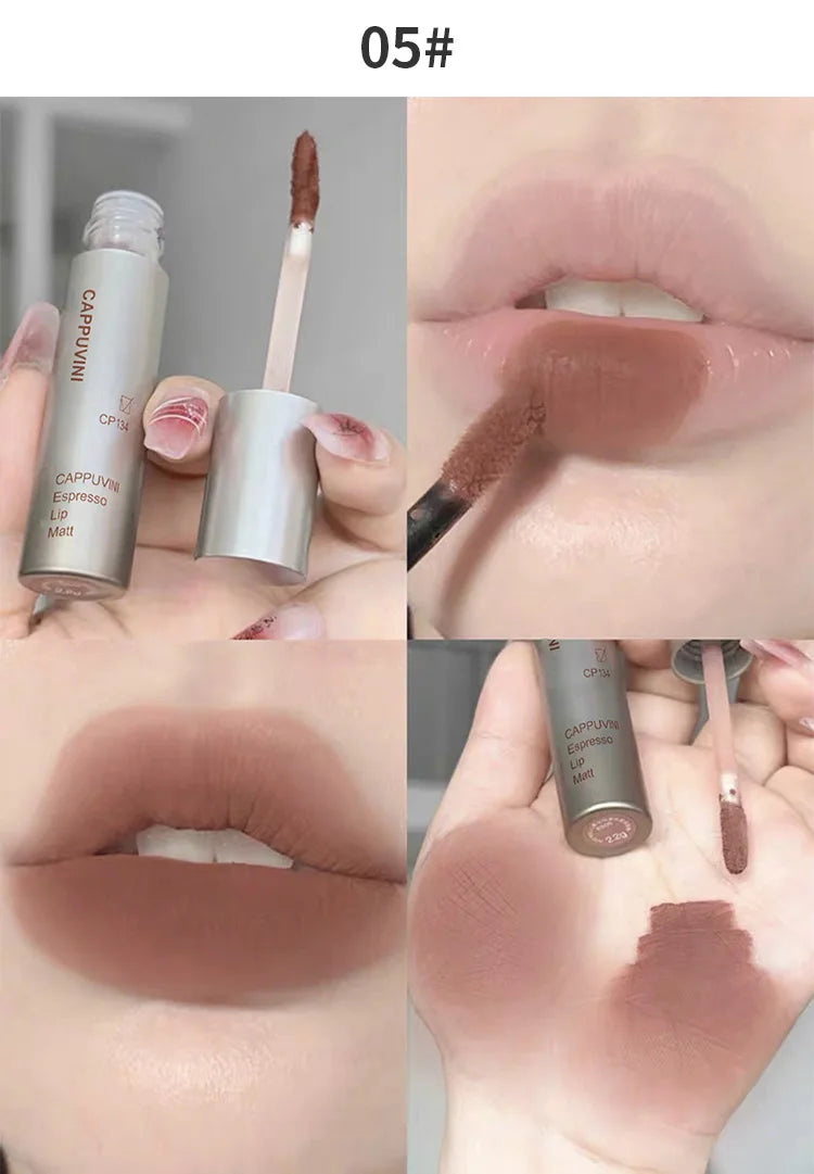 Cappuvini Espresso Matte Lipstick Velvet Lip Glaze Waterproof Long-lasting Texture Smooth Glossy Makeup Setting Lip Color