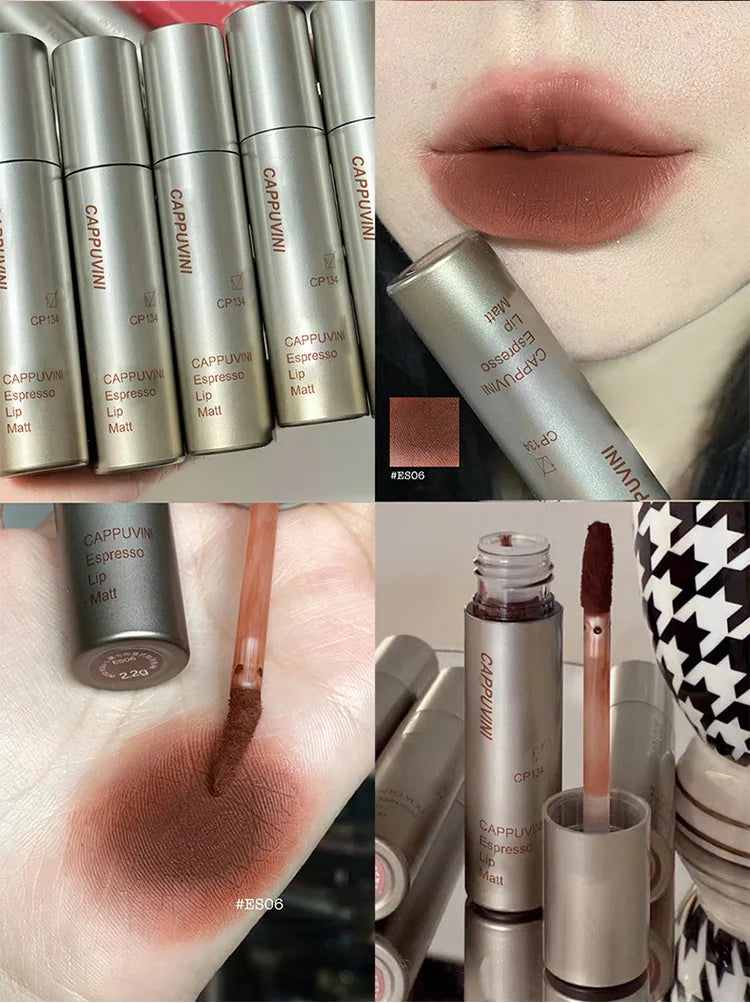 Cappuvini Espresso Matte Lipstick Velvet Lip Glaze Waterproof Long-lasting Texture Smooth Glossy Makeup Setting Lip Color