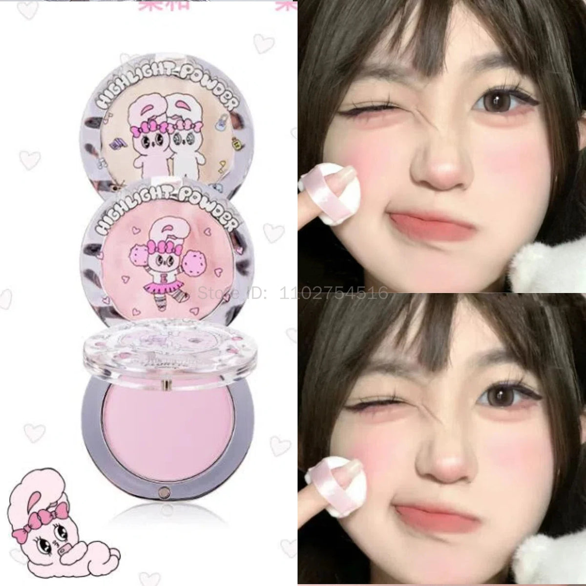 FLORTTE BUNNY Monochrome highlighting powder Naturally Brightening Facial Blush Cream High Gloss Face Blusher Makeup Cosmetics