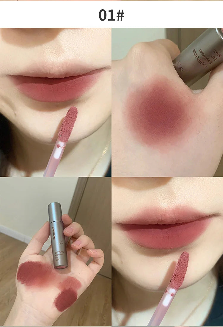 Cappuvini Espresso Matte Lipstick Velvet Lip Glaze Waterproof Long-lasting Texture Smooth Glossy Makeup Setting Lip Color