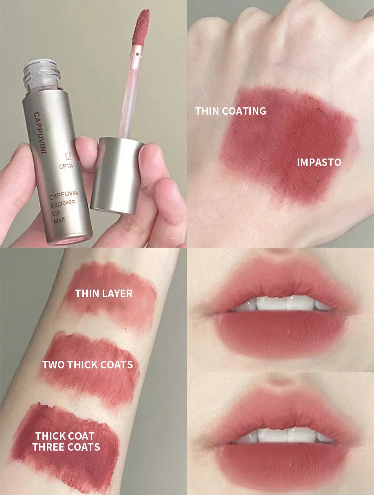 Cappuvini Espresso Matte Lipstick Velvet Lip Glaze Waterproof Long-lasting Texture Smooth Glossy Makeup Setting Lip Color
