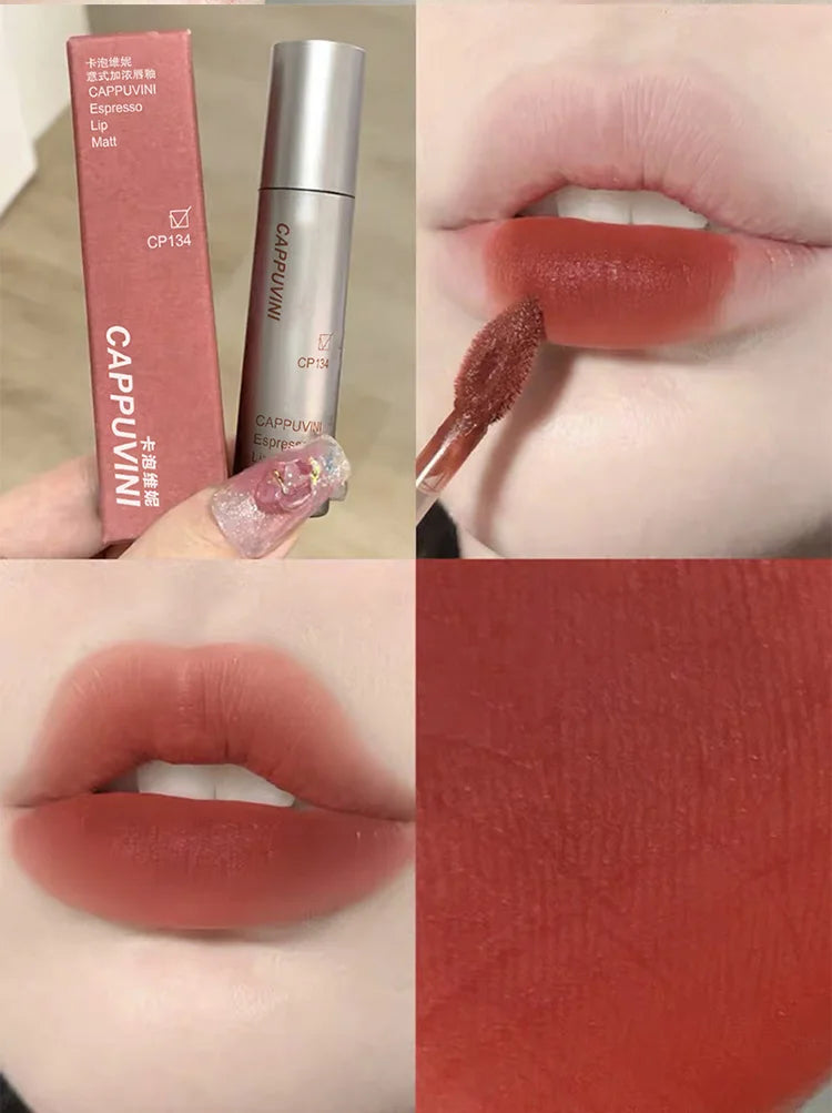 Cappuvini Espresso Matte Lipstick Velvet Lip Glaze Waterproof Long-lasting Texture Smooth Glossy Makeup Setting Lip Color