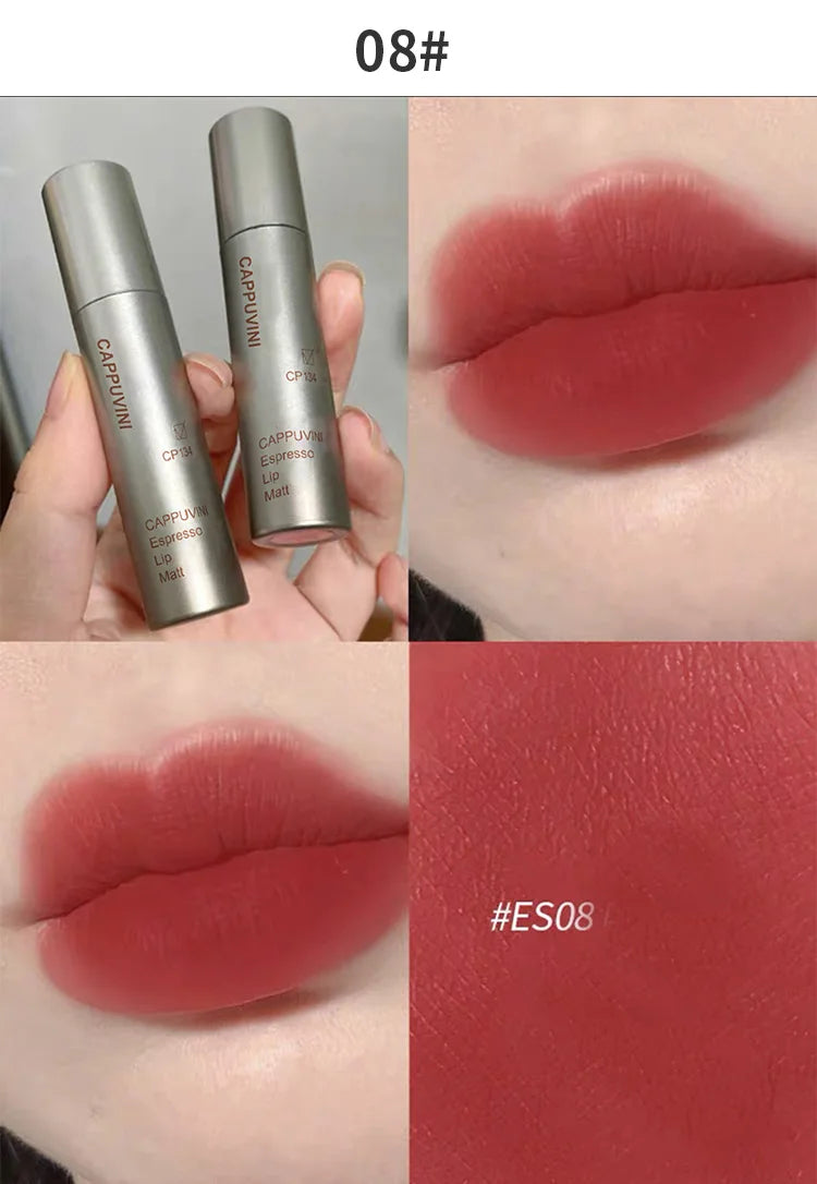 Cappuvini Espresso Matte Lipstick Velvet Lip Glaze Waterproof Long-lasting Texture Smooth Glossy Makeup Setting Lip Color