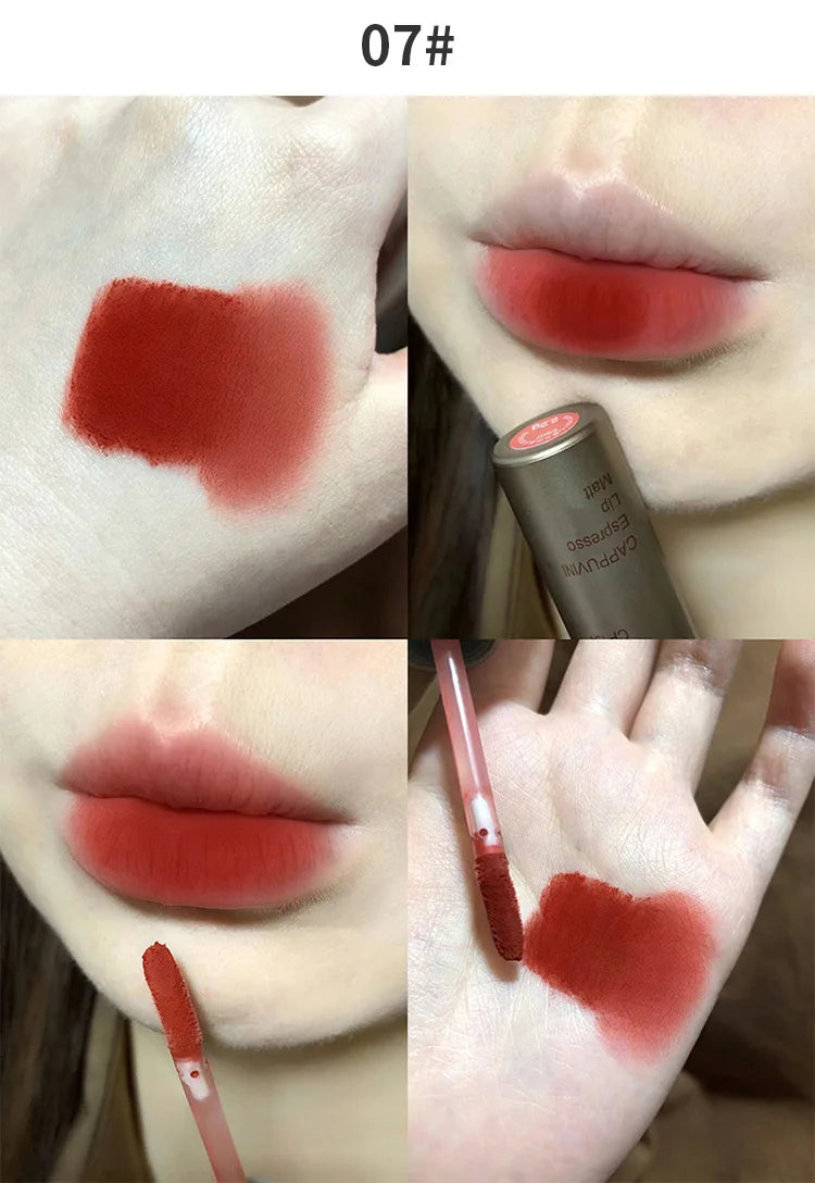 Cappuvini Espresso Matte Lipstick Velvet Lip Glaze Waterproof Long-lasting Texture Smooth Glossy Makeup Setting Lip Color
