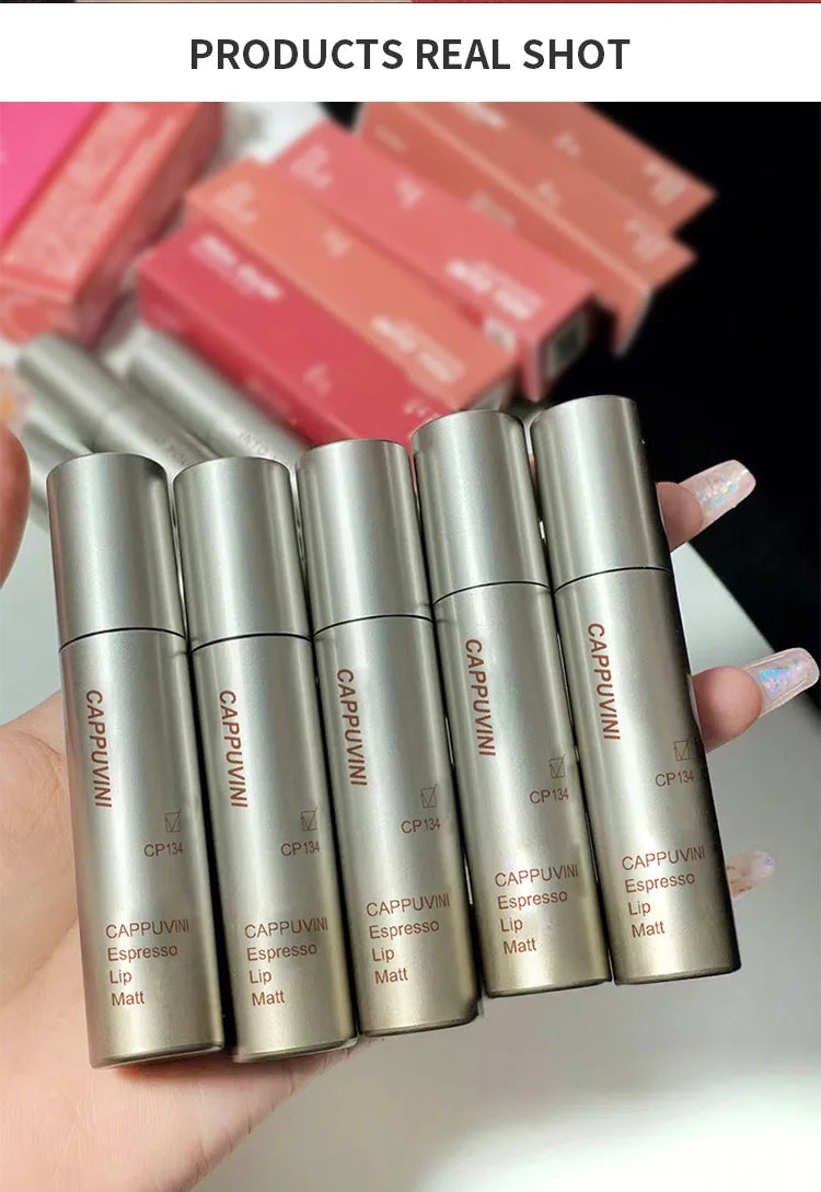 Cappuvini Espresso Matte Lipstick Velvet Lip Glaze Waterproof Long-lasting Texture Smooth Glossy Makeup Setting Lip Color